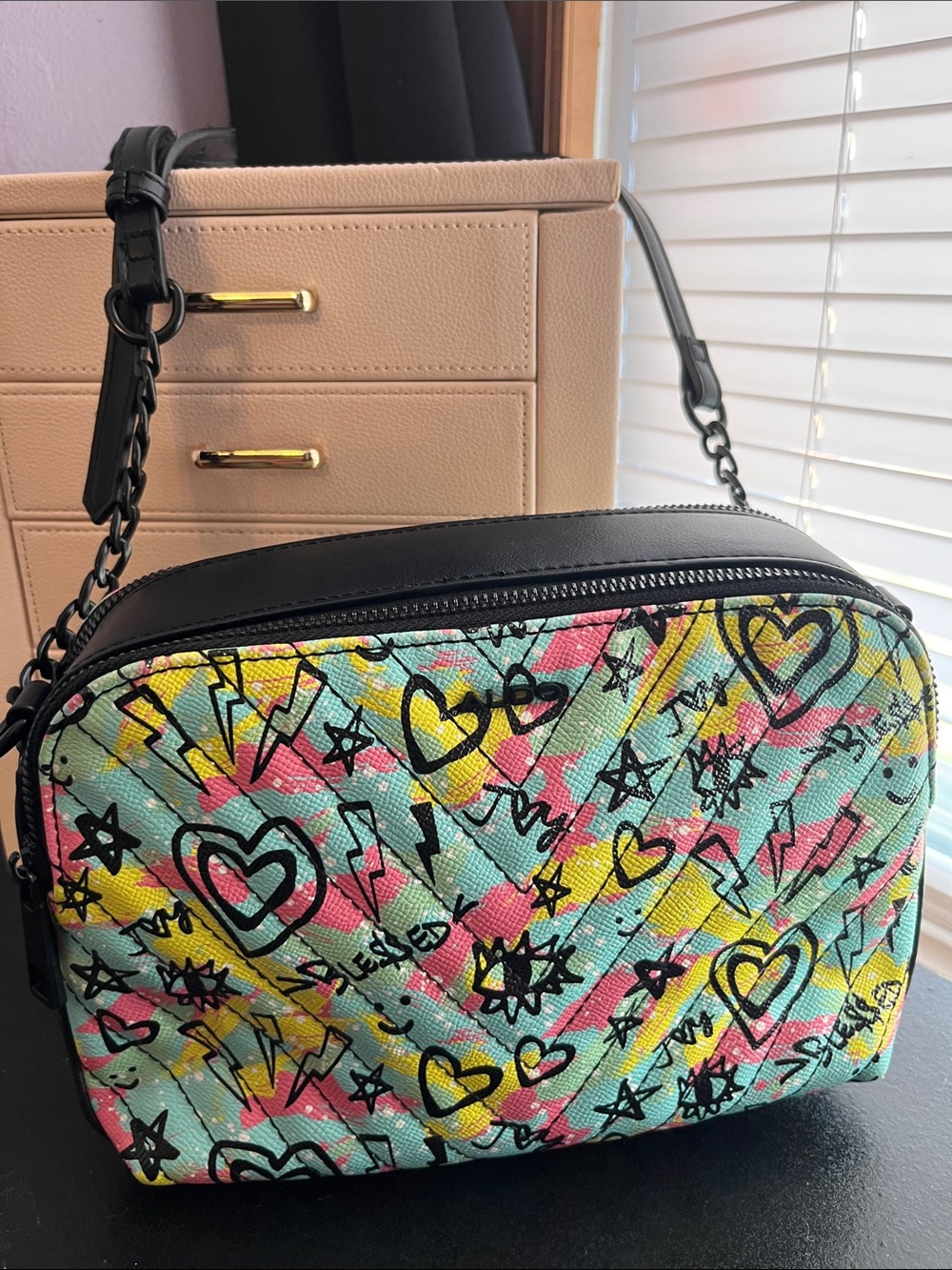 Aldo Mint, Pink & Yellow Graffiti-Print Crossbody Bag